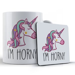 Unicorn Pun, Boyfriend, Girlfriend, Partner, "I'm Horny" - Gift Mug & Coaster