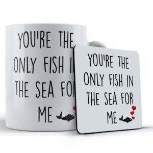 boyfriend girlfriend valentines gift mug and coaster. Only fish in sea for me