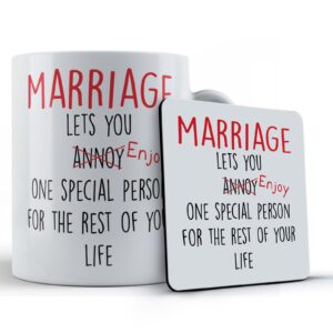 marriage lets you annoy/enjoy husband wife gift mug and coaster